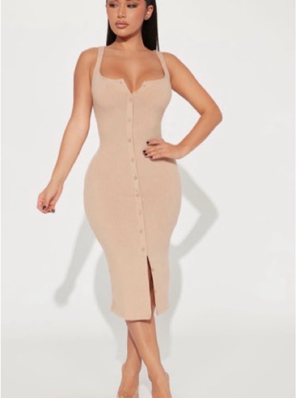 iris Beige Ribbed Button-Front Midi Dress